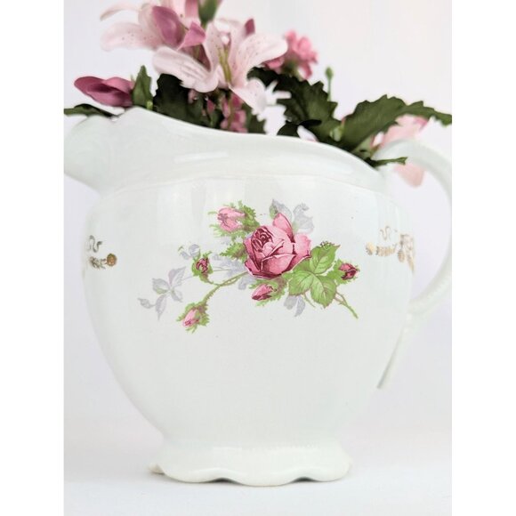 Antique White Porcelain Pitcher Vase Chester Pottery Pink Rose Shabby Chic Decor - Picture 3 of 10